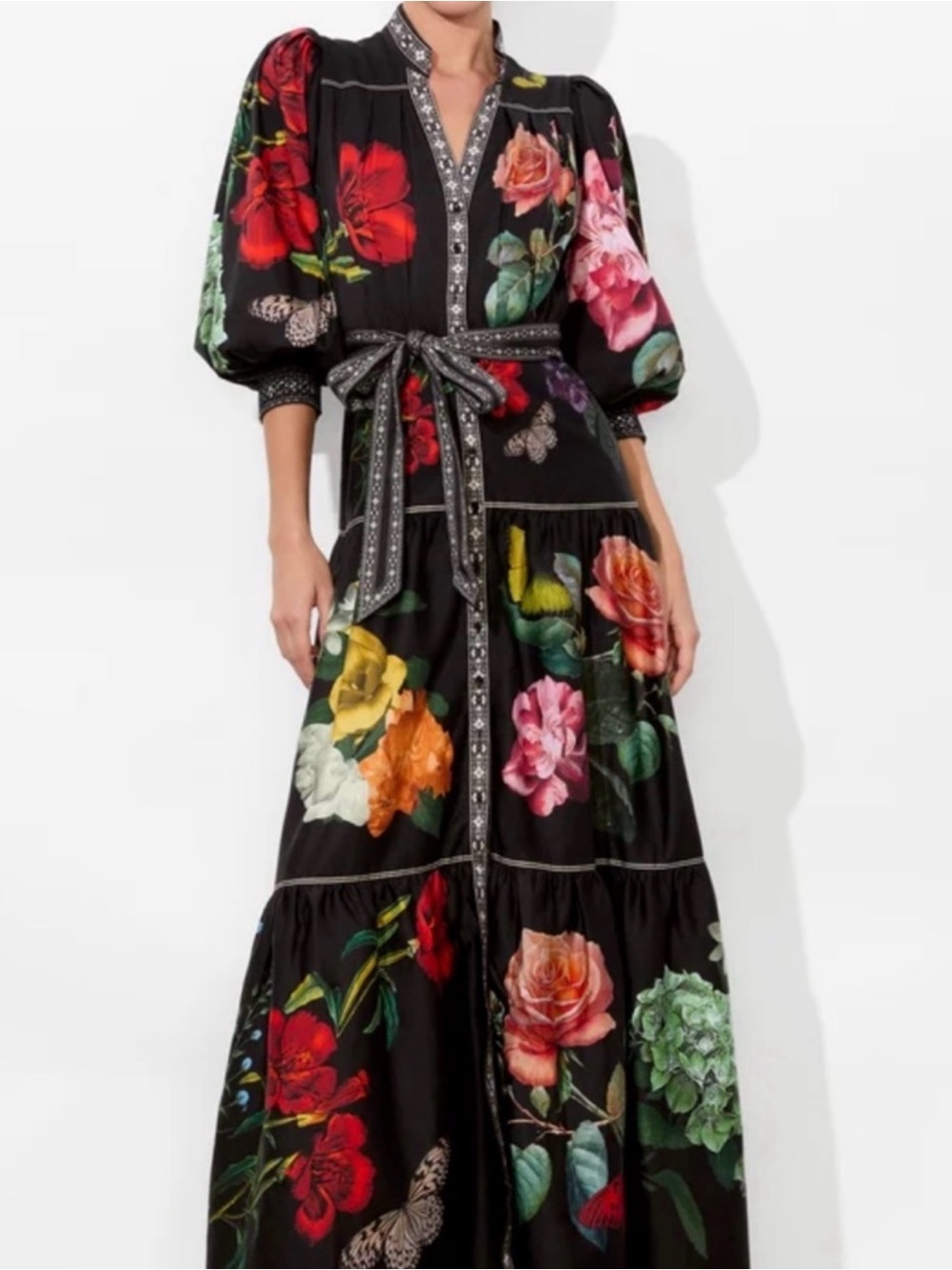 Alice + Olivia Black Maxi Dress with Multicolor Floral Print and Tie Belt